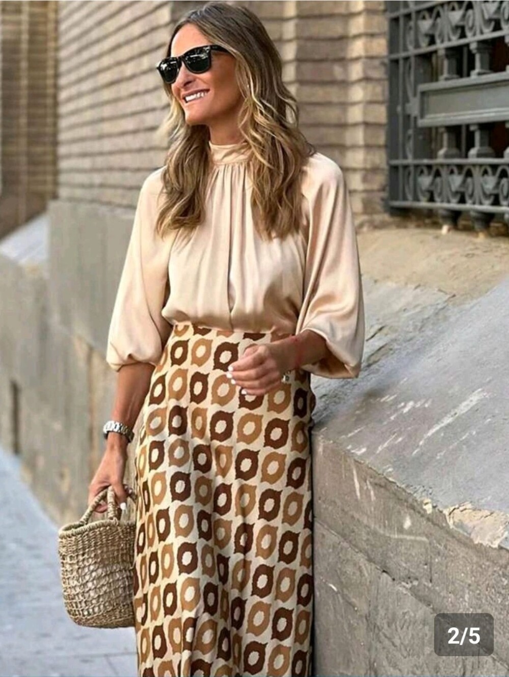 Cream Blouse with Brown Geo-Print Maxi Skirt